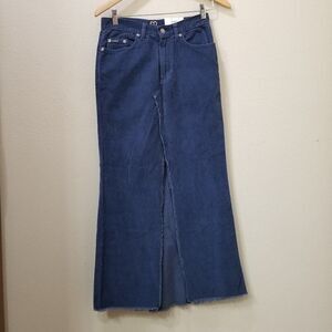 NWT XOXO Vintage 90s Navy Fringed Corduroy Front Slit Maxi Skirt Size 1/2